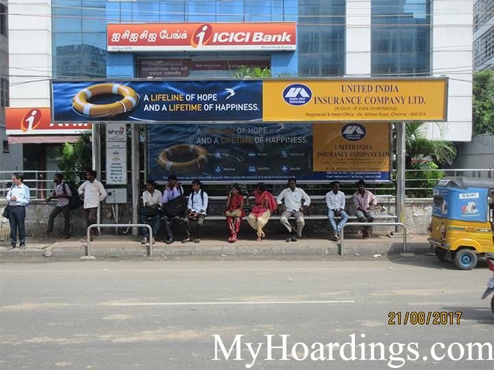 OOH Hoardings Agency in India, BQS Advertising rates at Thousand Light (Near ICICI Bank)Bus Stop in Chennai, Tamil Nadu 